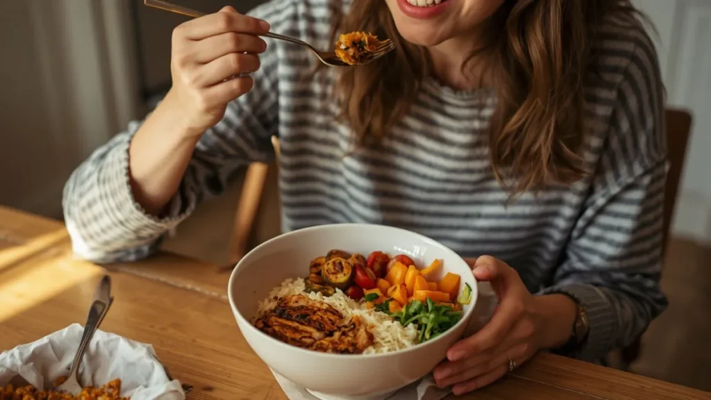Person enjoying a simple healthy meal prep bowl as part of weight loss on a budget routine