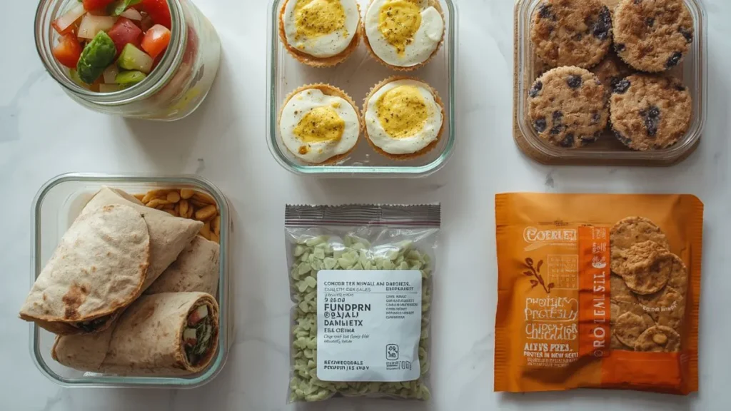 Variety of simple lunch ideas for weight loss for work on a budget including mason jar salad and protein snack
