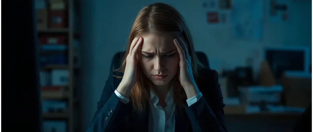 Stressed young professional woman sitting at her office desk with hands on her temples, tense shoulders, and an overwhelmed expression in a cluttered workspace