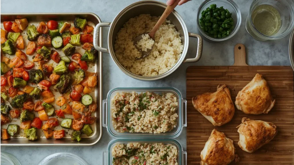 Sunday batch cooking setup demonstrating healthy meal prep ideas for weight loss on a budget