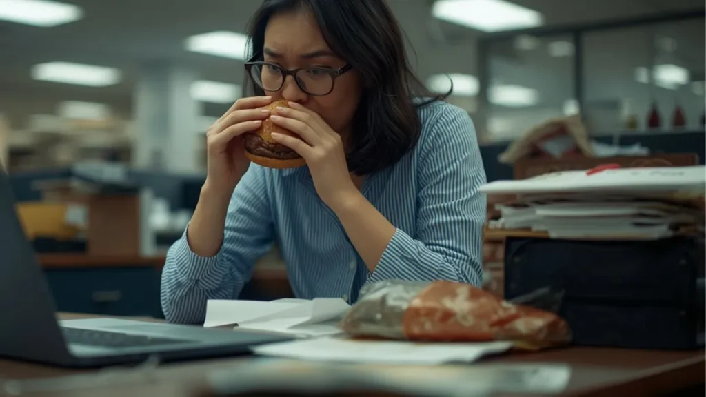 Office worker eating unplanned fast food lunch showing common mistakes before finding simple lunch ideas for weight loss for work on a budget