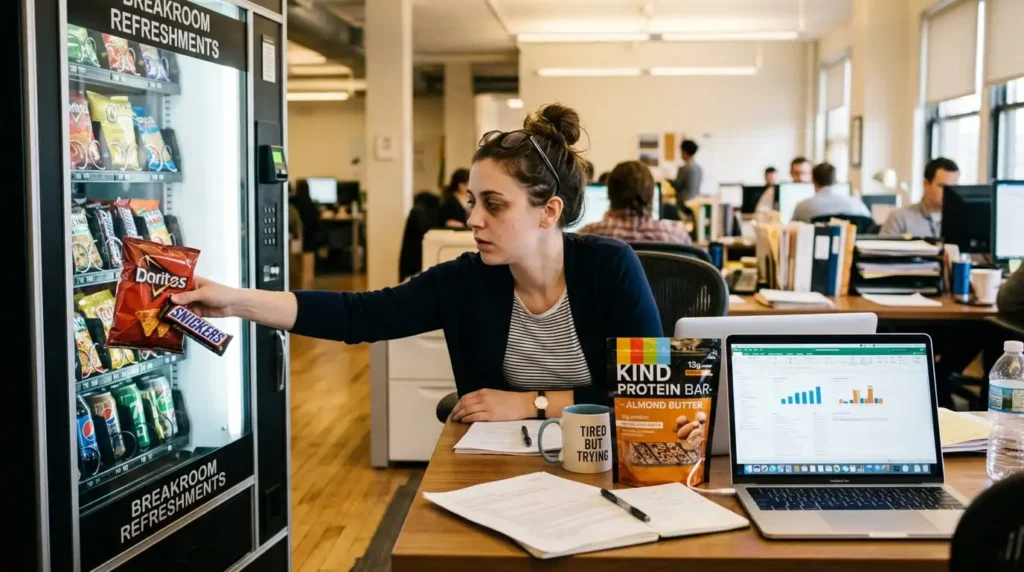 Choosing beef jerky and weight loss friendly snack over junk food at work