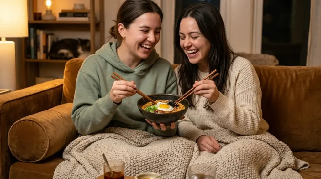 "Friends sharing a bowl of spicy Korean ramen on a cozy night in"