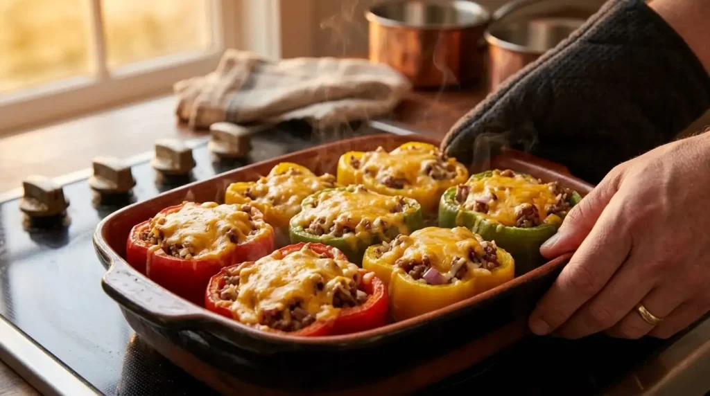 Baked ground beef stuffed peppers with melted cheese
