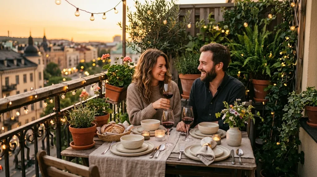 Cozy balcony date night romantic dinner setup with string lights