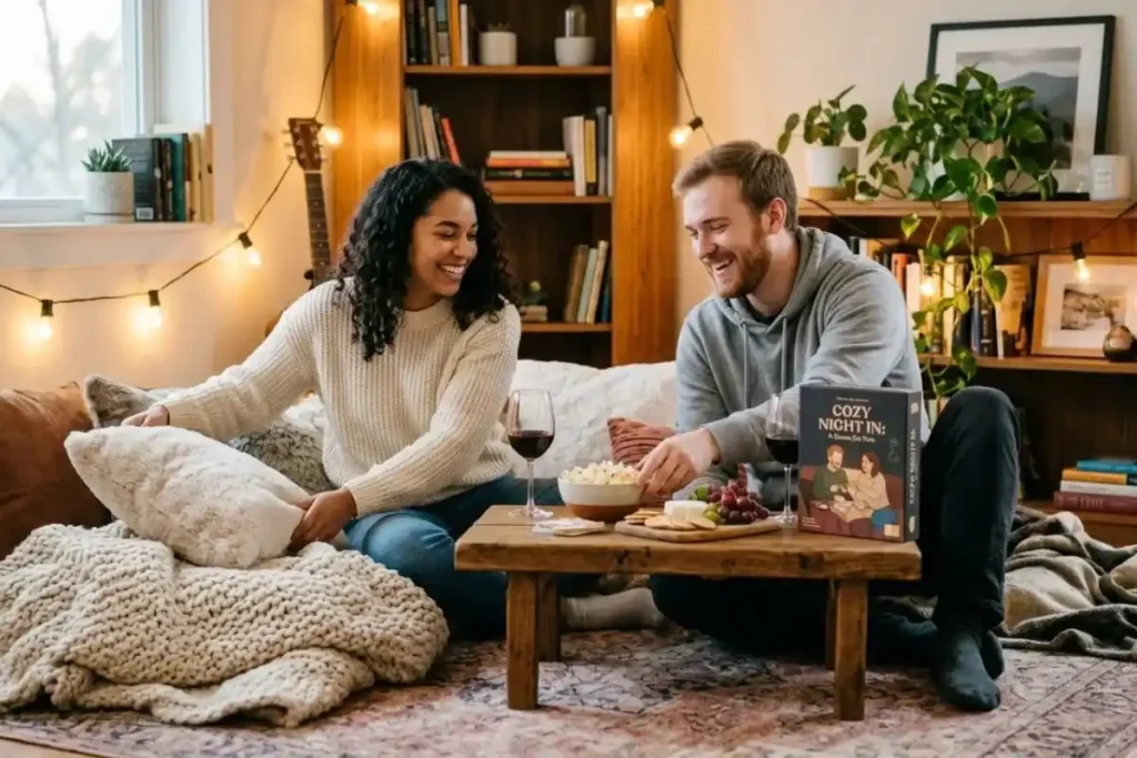 Couple setting up a fun at-home date night with games and snacks