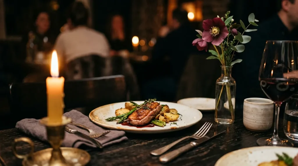 Candlelit classic romantic dinner setup with stoneware plates