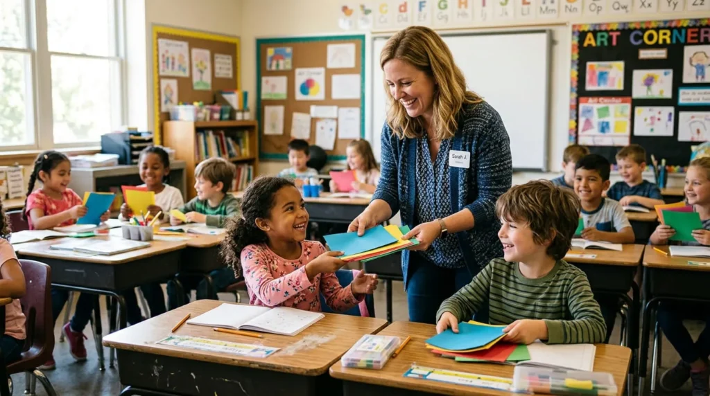 Teacher using spring crafts for kids as classroom gifts and prizes