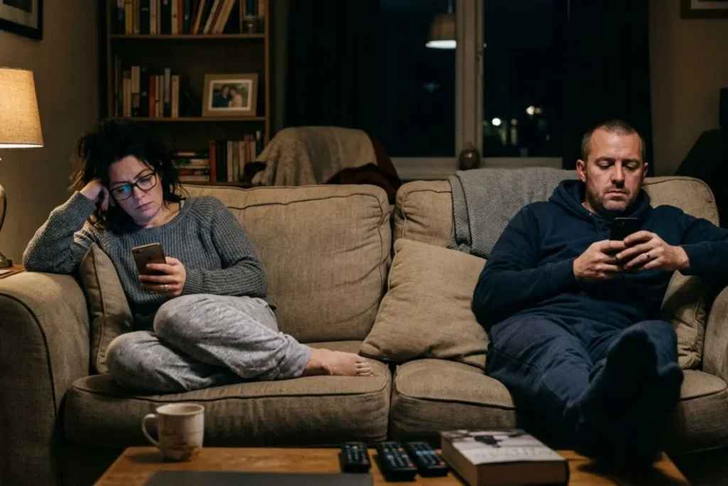 Married couple distracted by phones instead of connecting