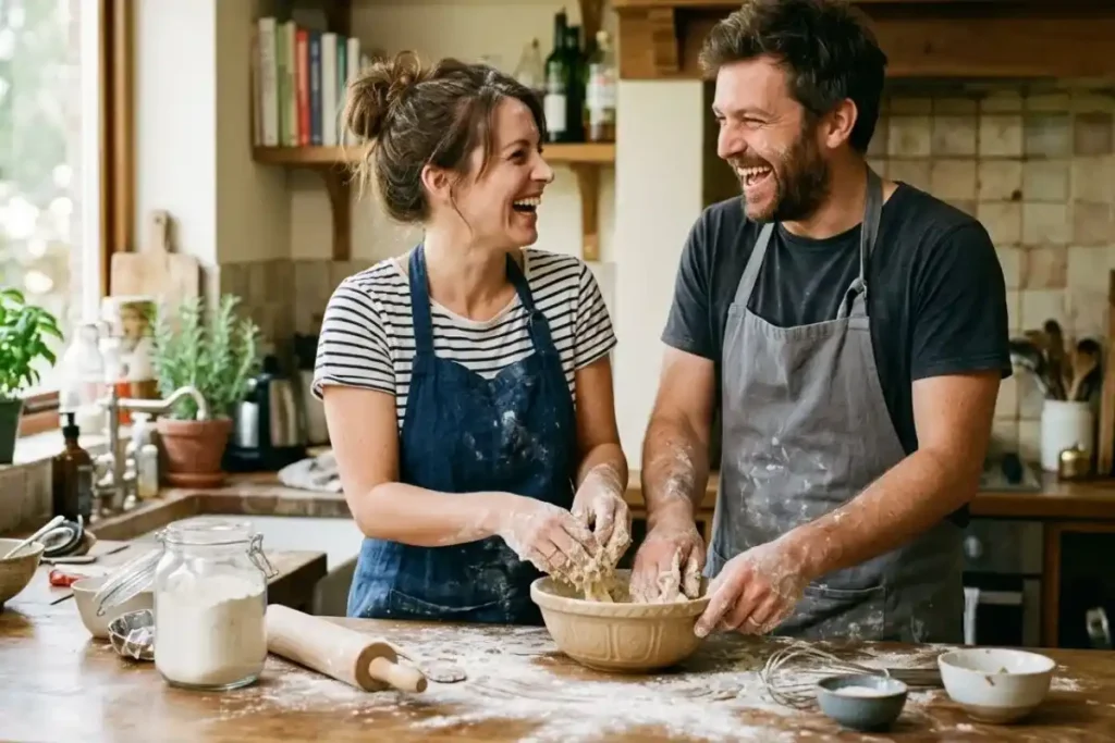 Married couple cooking together during at-home date night