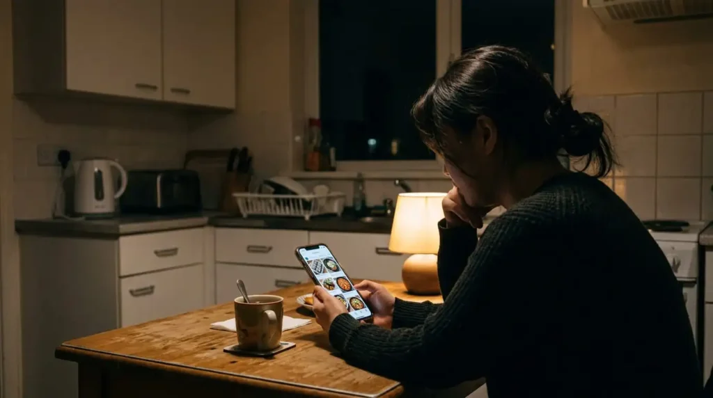 "Person browsing Korean food photos on phone in kitchen at night"