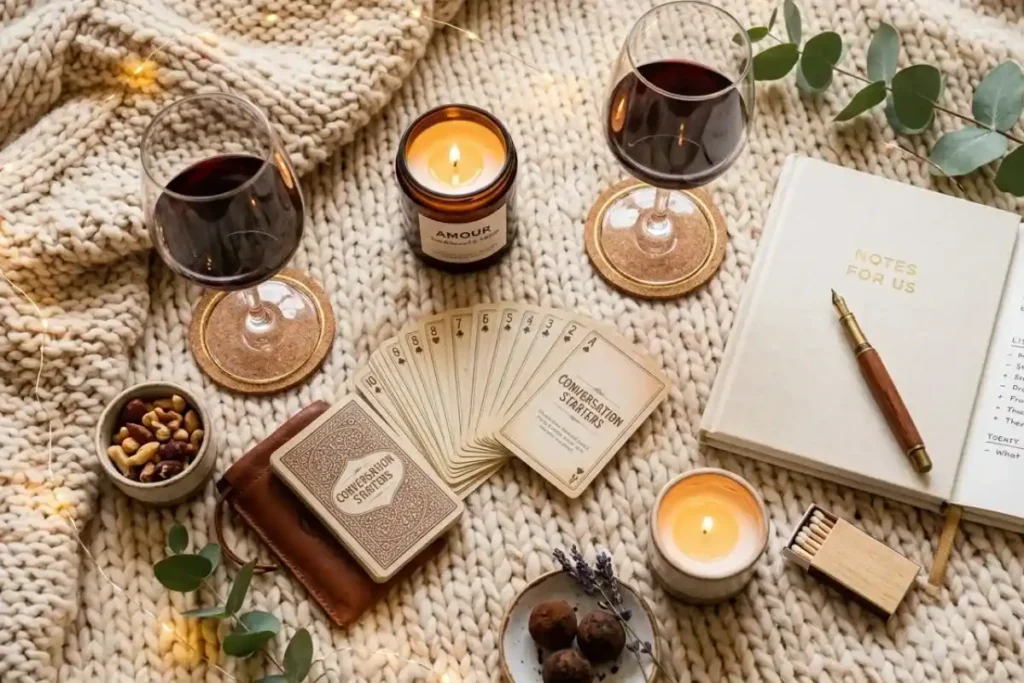 Flat lay of at-home date night essentials like cards and candles