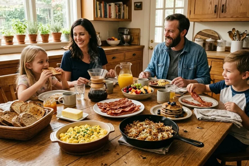 Family-style breakfast recipes with turkey bacon spread