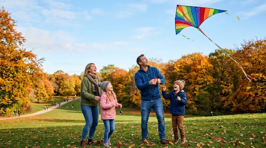  Family flying a kite together, a fun outdoor fall activity for kids