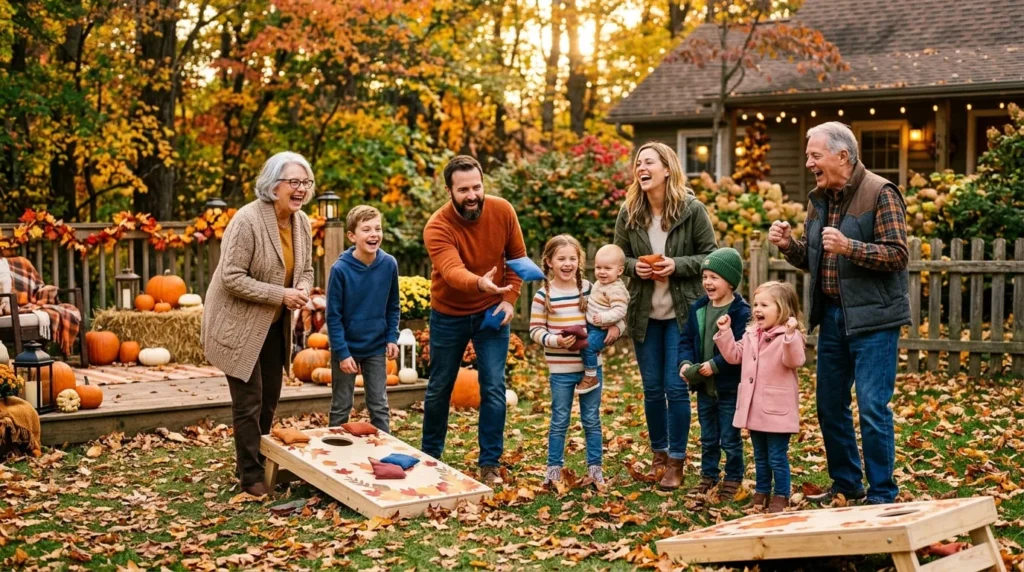 Grandparents and kids playing a toss game together during a fall family gathering