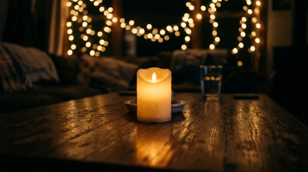Close up of warm flickering flameless candle glow perfect for romantic aesthetic pics