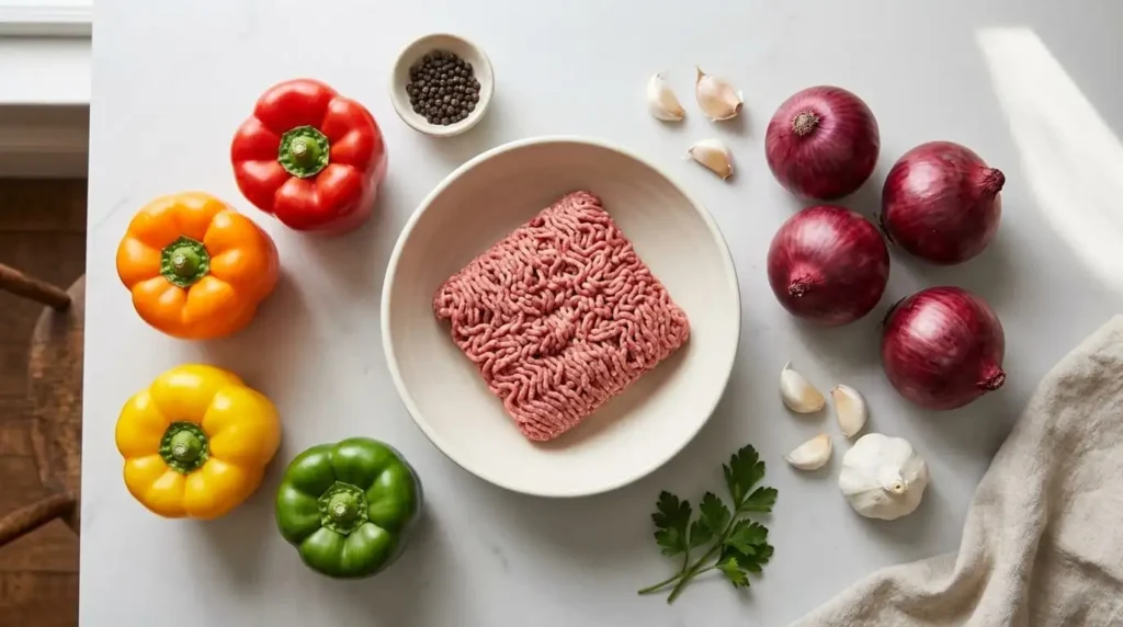  Fresh ingredients for ground beef stuffed peppers recipe
