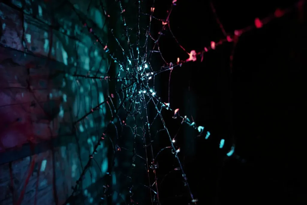 Neon spiderweb Halloween ornament idea with glow bracelets