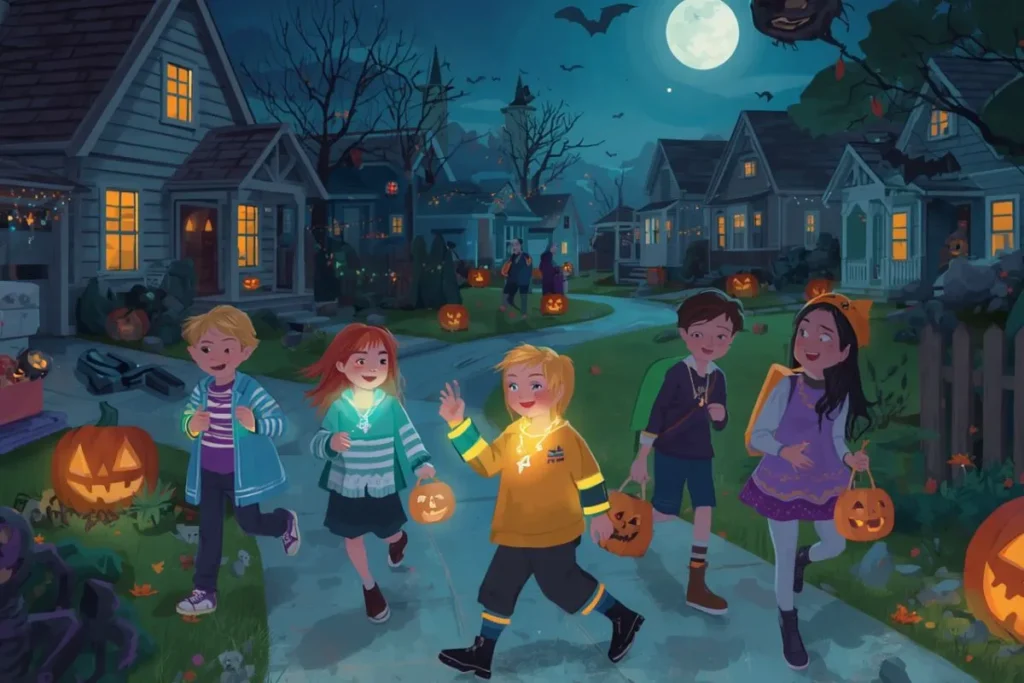 Kids using glow bracelets as Halloween ornament ideas for trick-or-treating