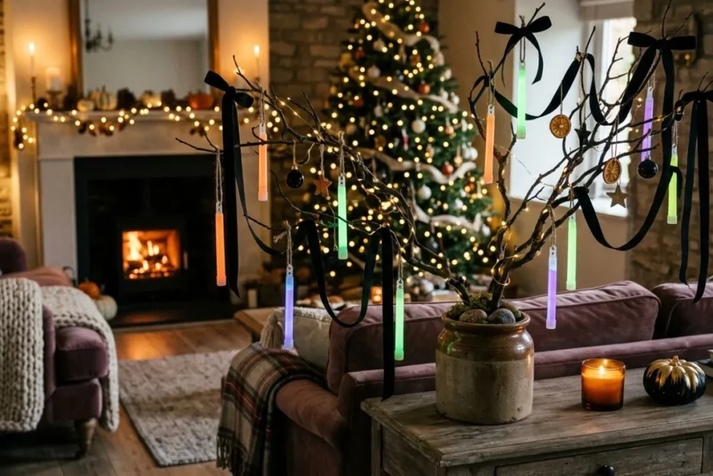 Halloween ornament ideas for tree branch decor transitioning to Christmas