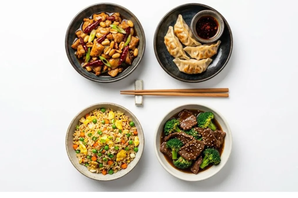 Collection of homemade Chinese food recipes including kung pao chicken, dumplings, and fried rice"