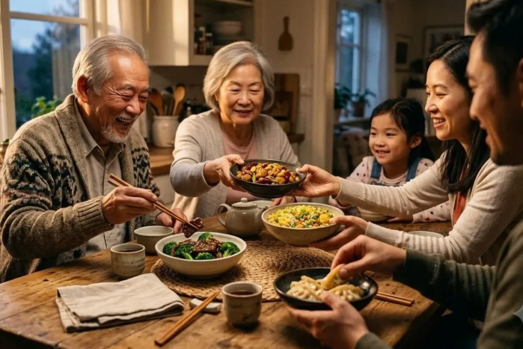 "Family enjoying a homemade Chinese food recipes dinner together at the table"