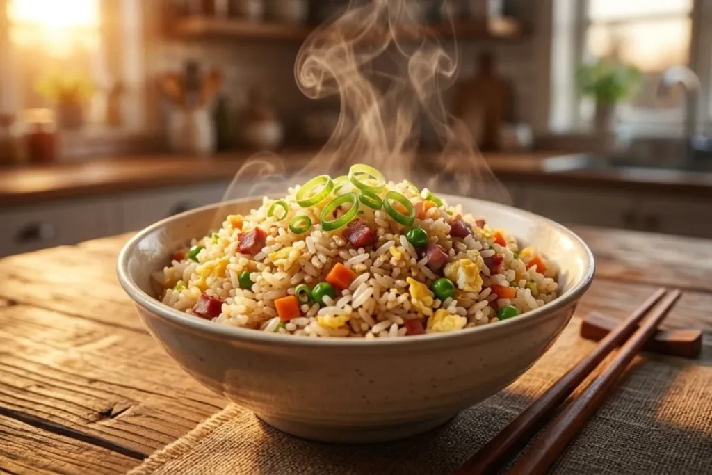 "Steaming bowl of fried rice, one of the best homemade Chinese food recipes to try"