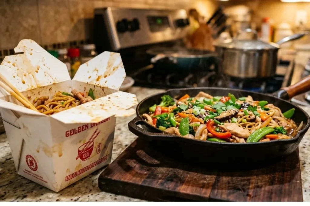 "Comparison of greasy Chinese takeout box next to fresh homemade Chinese food recipes stir-fry"