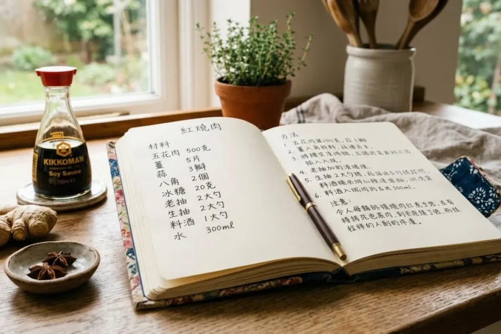 "Handwritten homemade Chinese food recipes in a personal recipe journal on kitchen counter"