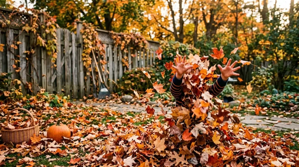 Kids jumping into a leaf pile, a classic fall activity for kids