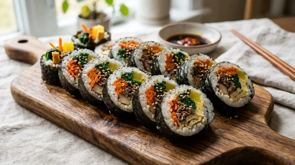 Sliced kimbap rolls showing rice, vegetables and seaweed layers"