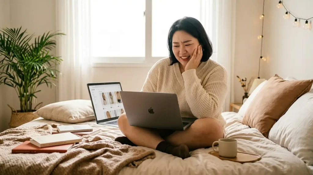 Woman struggling to find plus size Korean fashion options online