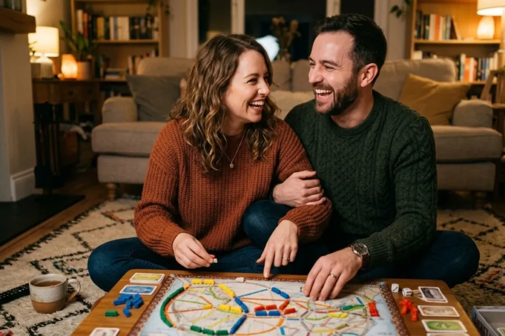 Couple enjoying a relaxed low-pressure at-home date night