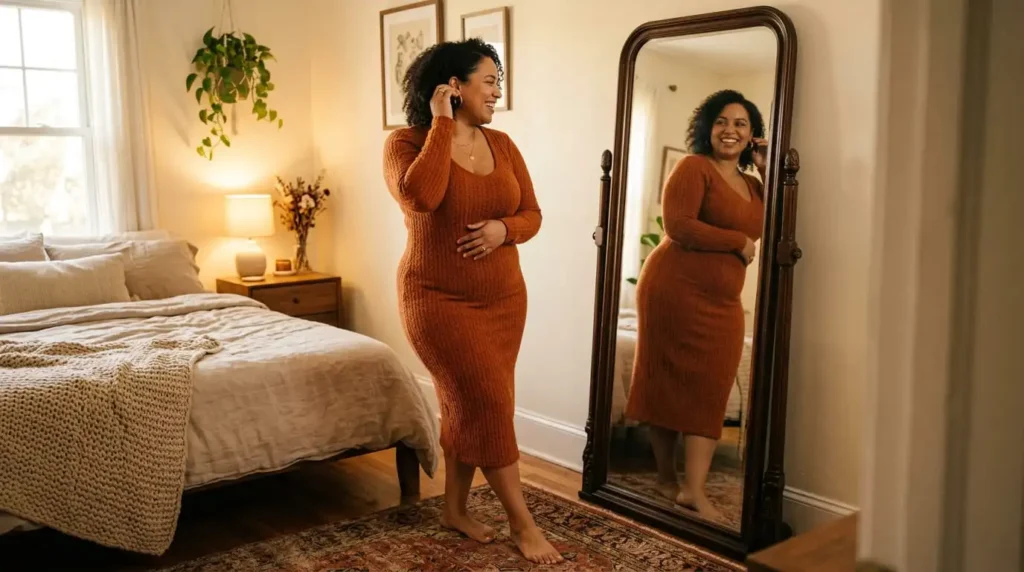 Woman confidently wearing fitted plus size Korean fashion dress