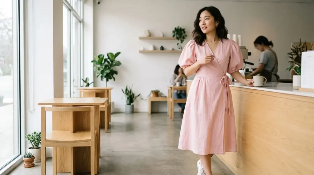  Plus size Korean fashion wrap dress in soft pink for date night