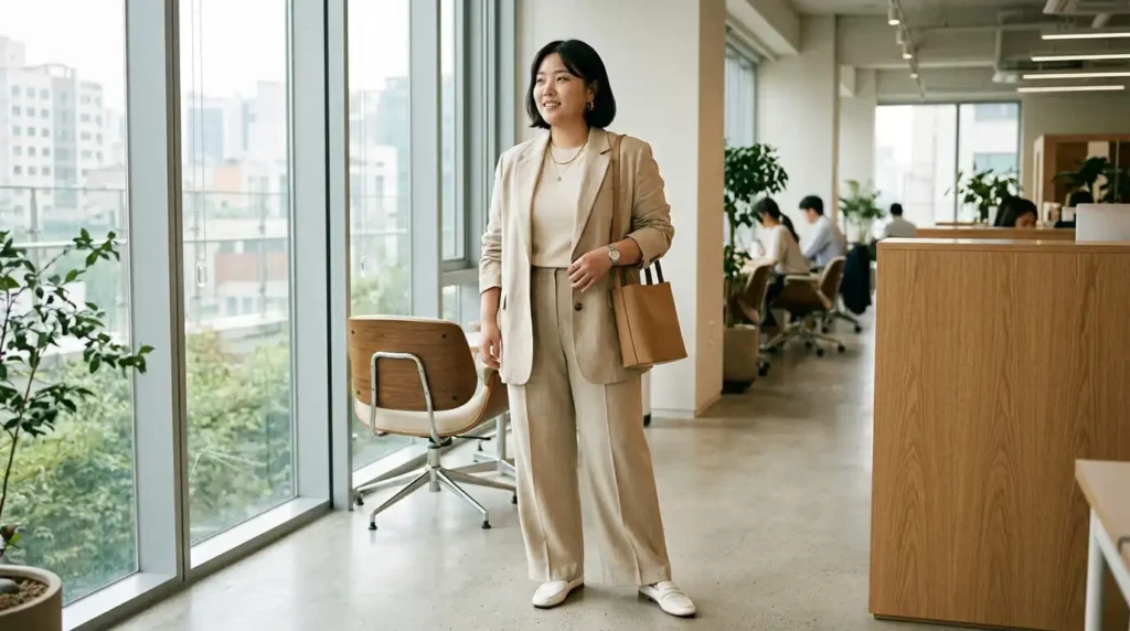 Plus size Korean fashion office outfit with blazer and trousers