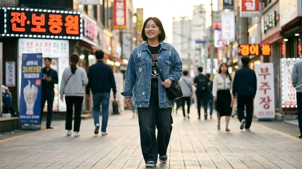 Plus size Korean fashion streetwear look with denim jacket