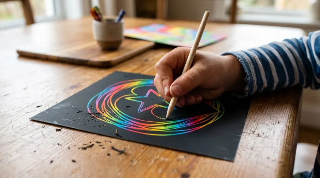 Rainbow scratch paper art, a mess-free pick for spring crafts for kids