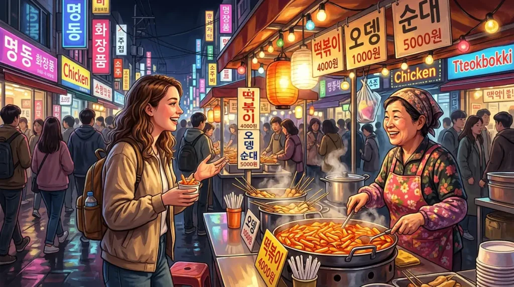  Real-life Korean conversation example at a street food stall