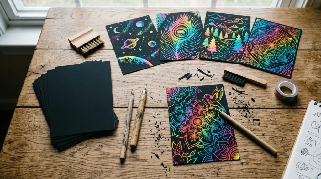 Scratch art supplies used for easy, mess-free spring crafts for kids