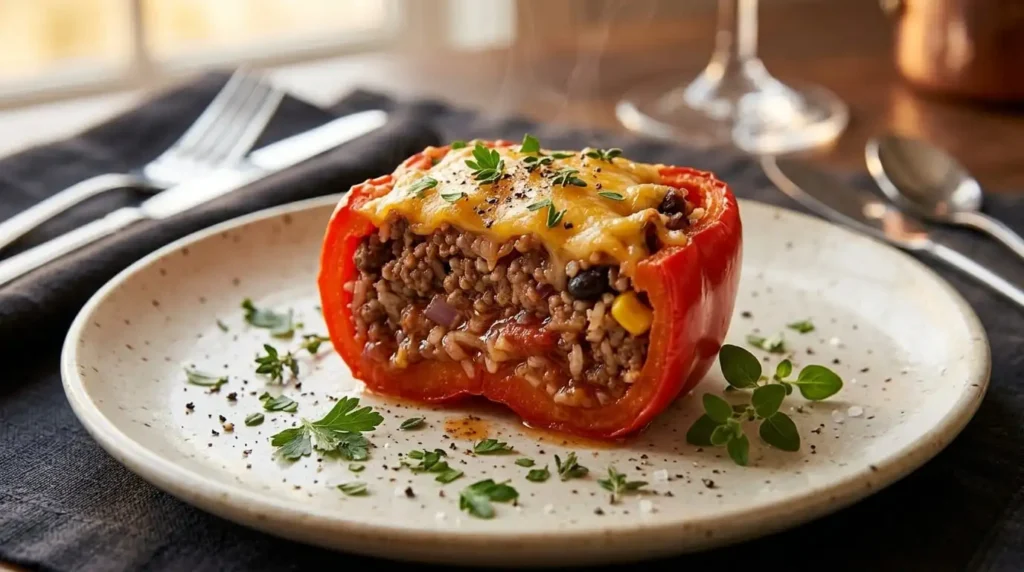 Sliced ground beef stuffed pepper showing juicy filling