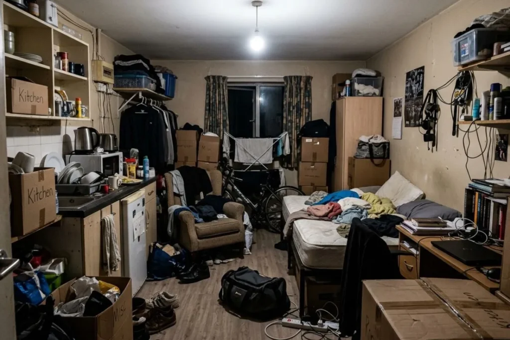 Small space decor ideas needed — cluttered apartment under harsh overhead lighting