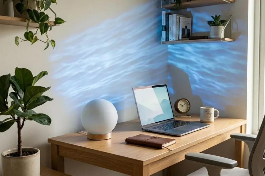 Northern lights lamp mode transforming a blank wall — small space decor ideas in action