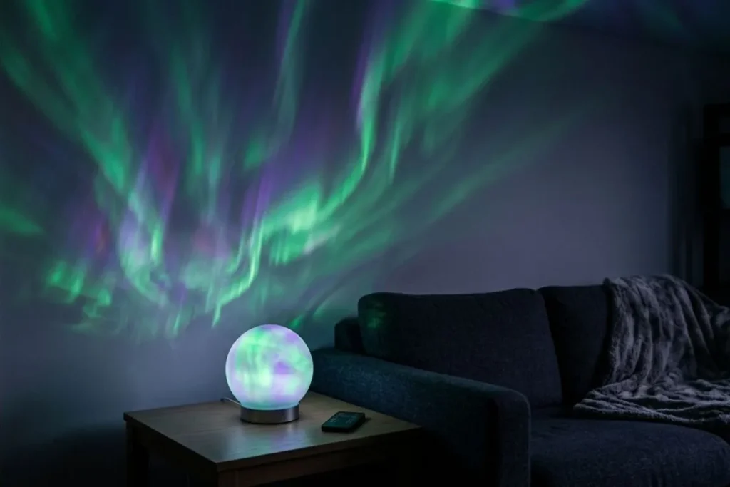 Ocean wave lighting mode used in a small apartment workspace — small space decor ideas