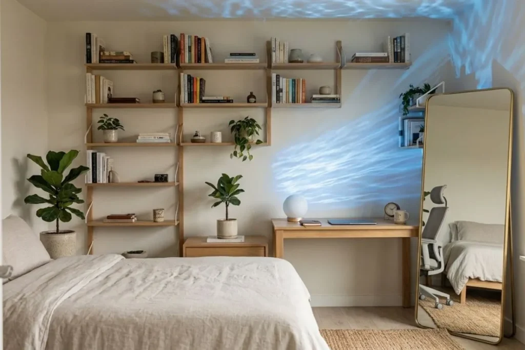 Vertical shelving and a large mirror — small space decor ideas for a bigger-feeling room
