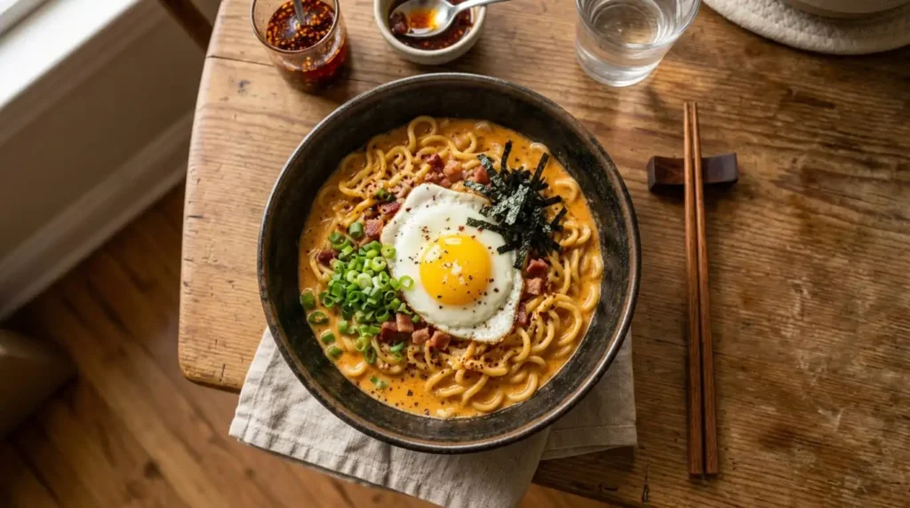"Bowl of spicy carbonara ramen noodles topped with fried egg and green onions"