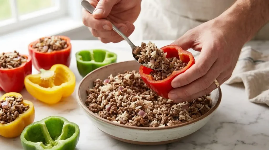  Stuffing peppers with ground beef and rice mixture