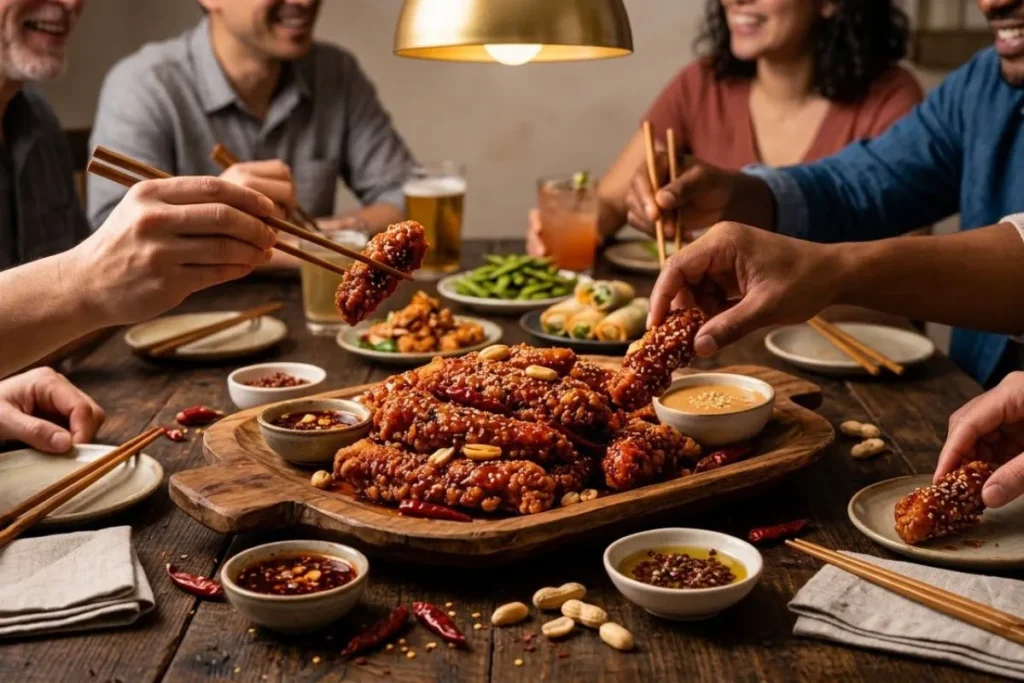 "Chinese chicken fingers platter served as a party snack"