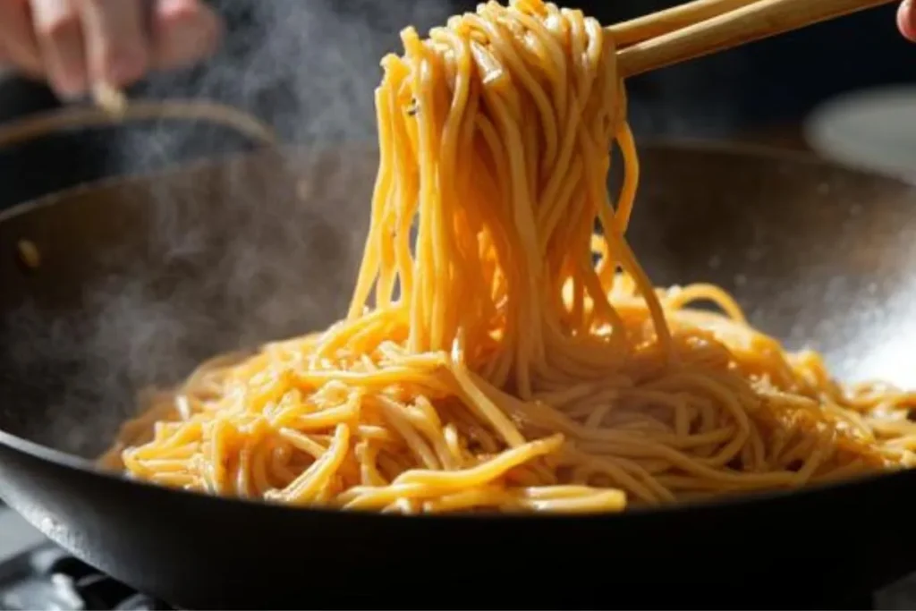 Stir-frying Chinese noodle recipes in a hot wok for authentic flavor
