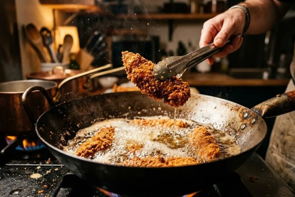 "Double frying chicken fingers in a wok for extra crispy texture"